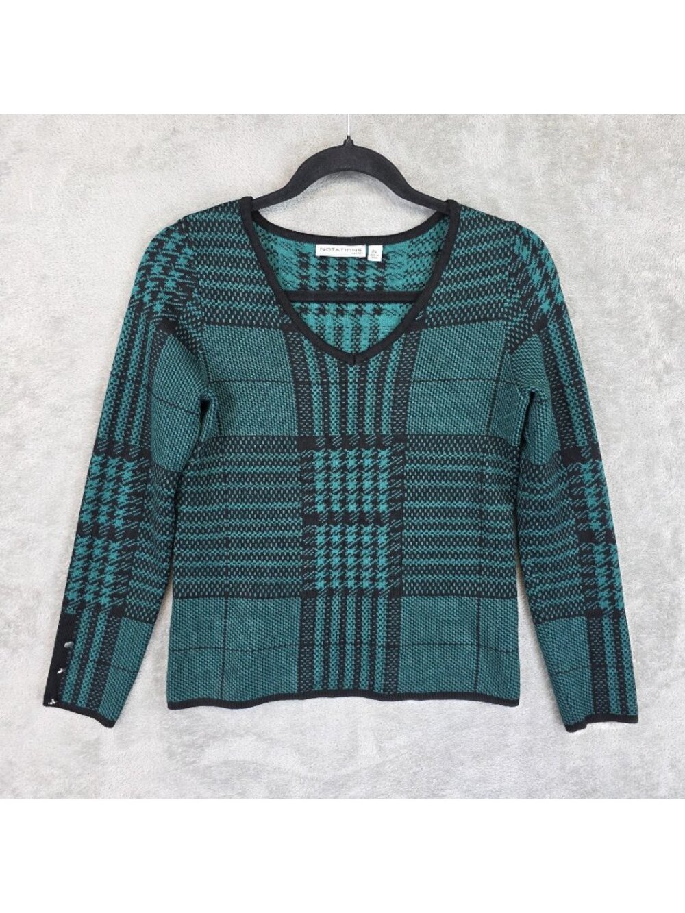 Notations Sweater Womens Petite PS Green Plaid V Neck Knit Pullover Long Sleeve
